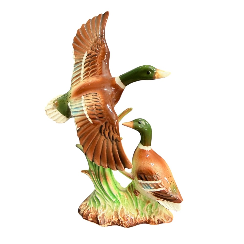 Vintage Ceramic Mallard Duck Figurine Pair Flying Landing 6.5 Inch Porcelain